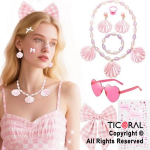 SET DISFRAZ COQUETTE CON OSTRAS ANTEOJOS MOO ARITOS COLLAR PULSERA Y TATTOO x 1